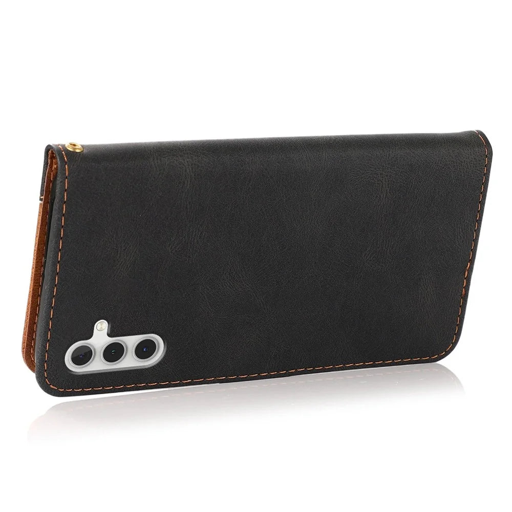 For Samsung Galaxy A14 5G Color Splicing PU Leather Full Protection Inner TPU Phone Case Wallet Stand Cover with Wrist Strap - Black / Brown - 4
