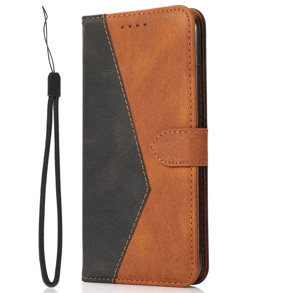 For Samsung Galaxy A14 5G Color Splicing PU Leather Full Protection Inner TPU Phone Case Wallet Stand Cover with Wrist Strap - Black / Brown - 5