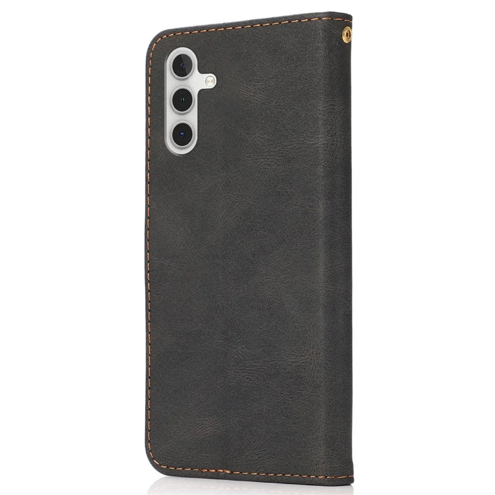 For Samsung Galaxy A14 5G Color Splicing PU Leather Full Protection Inner TPU Phone Case Wallet Stand Cover with Wrist Strap - Black / Brown - 6