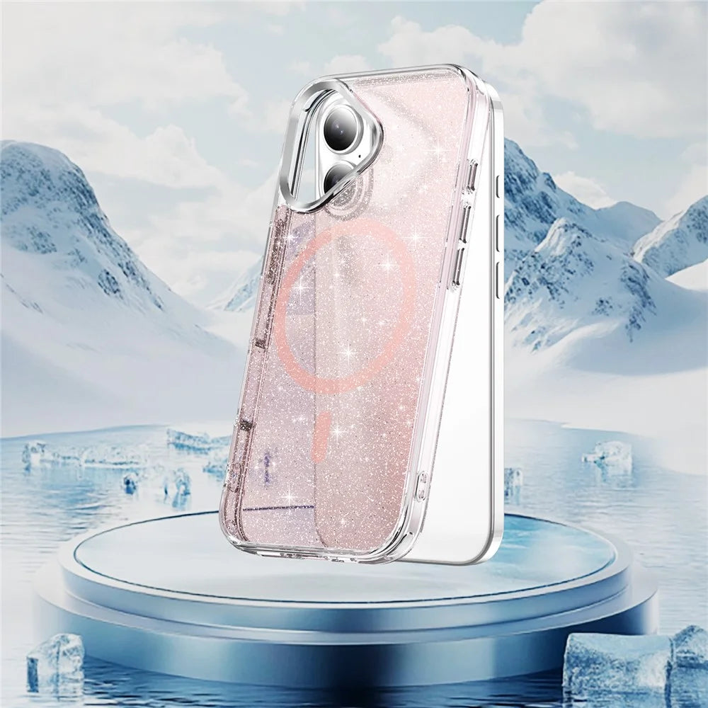 For iPhone 16 Glitter Magnetic Case Crystal Clear PC TPU Shockproof Phone Cover - Pink - 2
