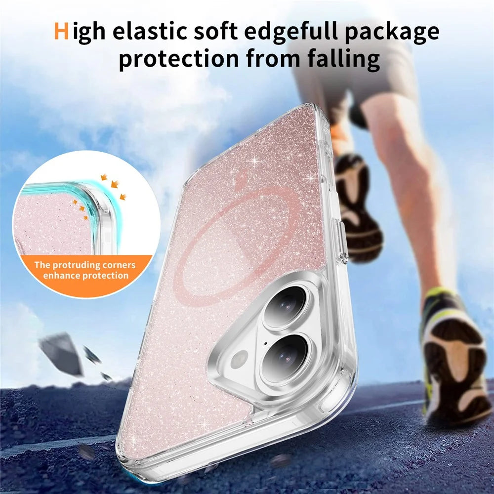 For iPhone 16 Glitter Magnetic Case Crystal Clear PC TPU Shockproof Phone Cover - Pink - 4