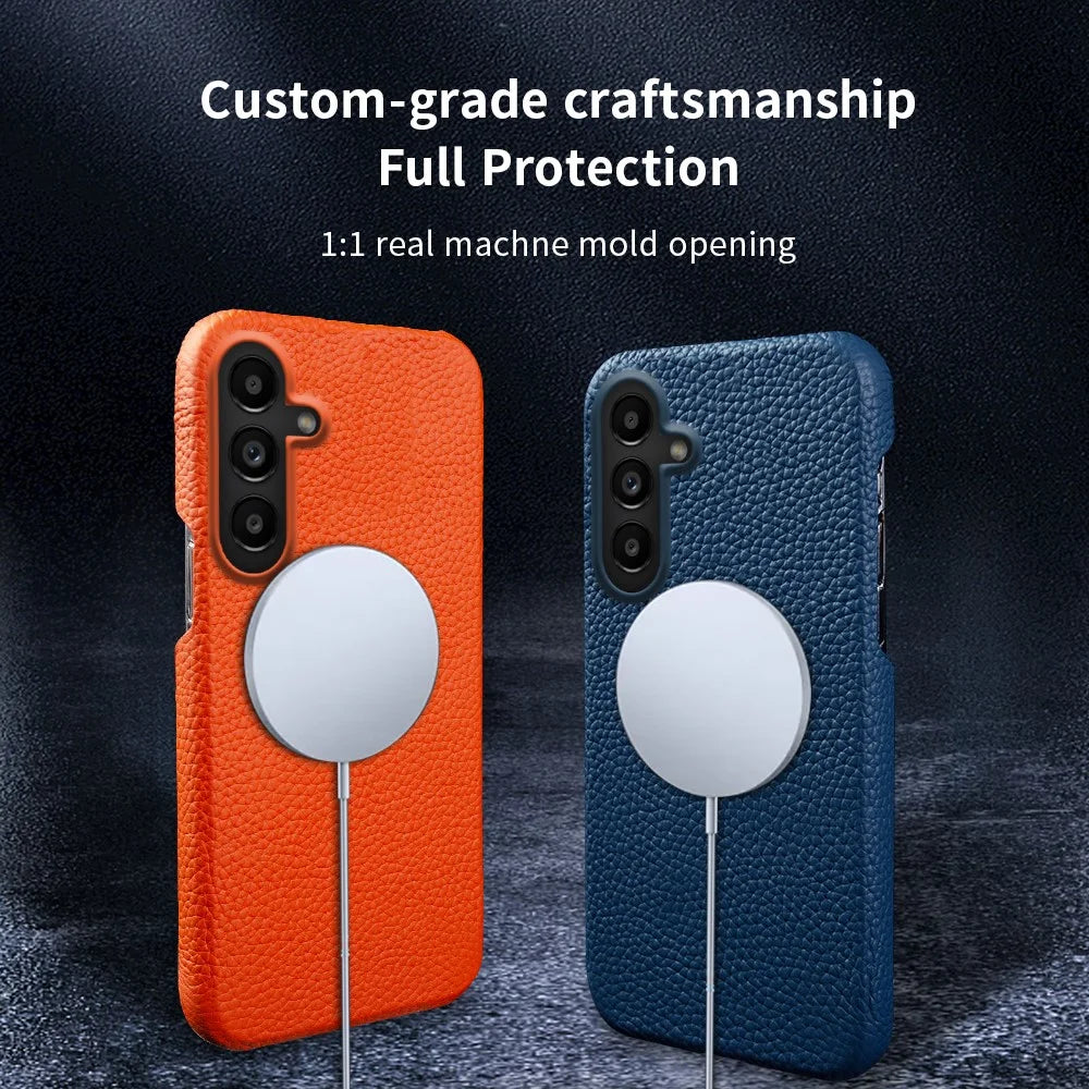 For Samsung Galaxy A18 5G / A18 4G / A17 5G / A17 4G Magnetic Case Litchi Texture Genuine Cow Leather + PC Shockproof Phone Back Cover - Mint Green - 6