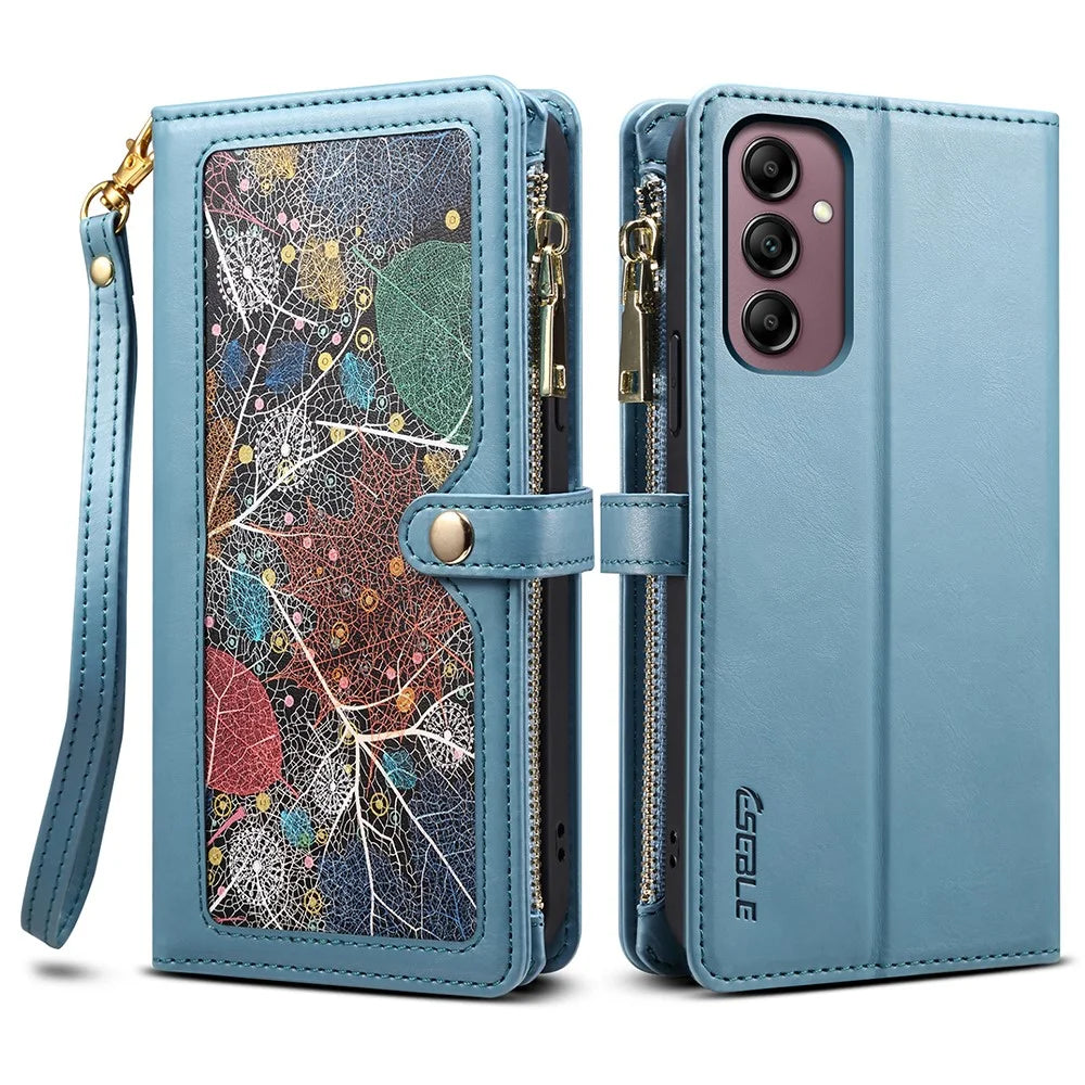 ESEBLE Galaxy Series For Samsung Galaxy A57 5G Case RFID Blocking Leather Zipper Phone Cover with Shoulder Strap + Wrist Strap - Blue - 1