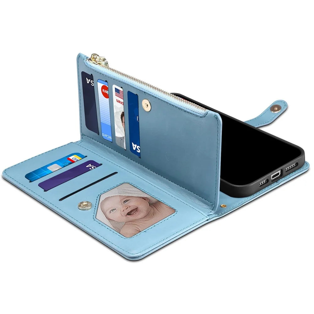 ESEBLE Galaxy Series For Samsung Galaxy A57 5G Case RFID Blocking Leather Zipper Phone Cover with Shoulder Strap + Wrist Strap - Blue - 5