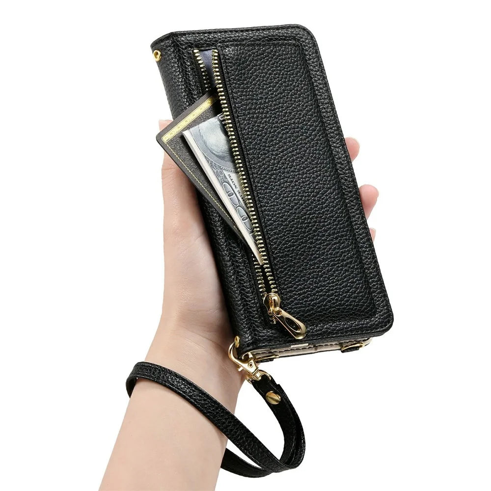 ESEBLE E11 For Samsung Galaxy S26 Ultra Case Zipper Pocket Litchi Texture Leather Phone Cover with Mirror and Wrist Strap - Black - 4