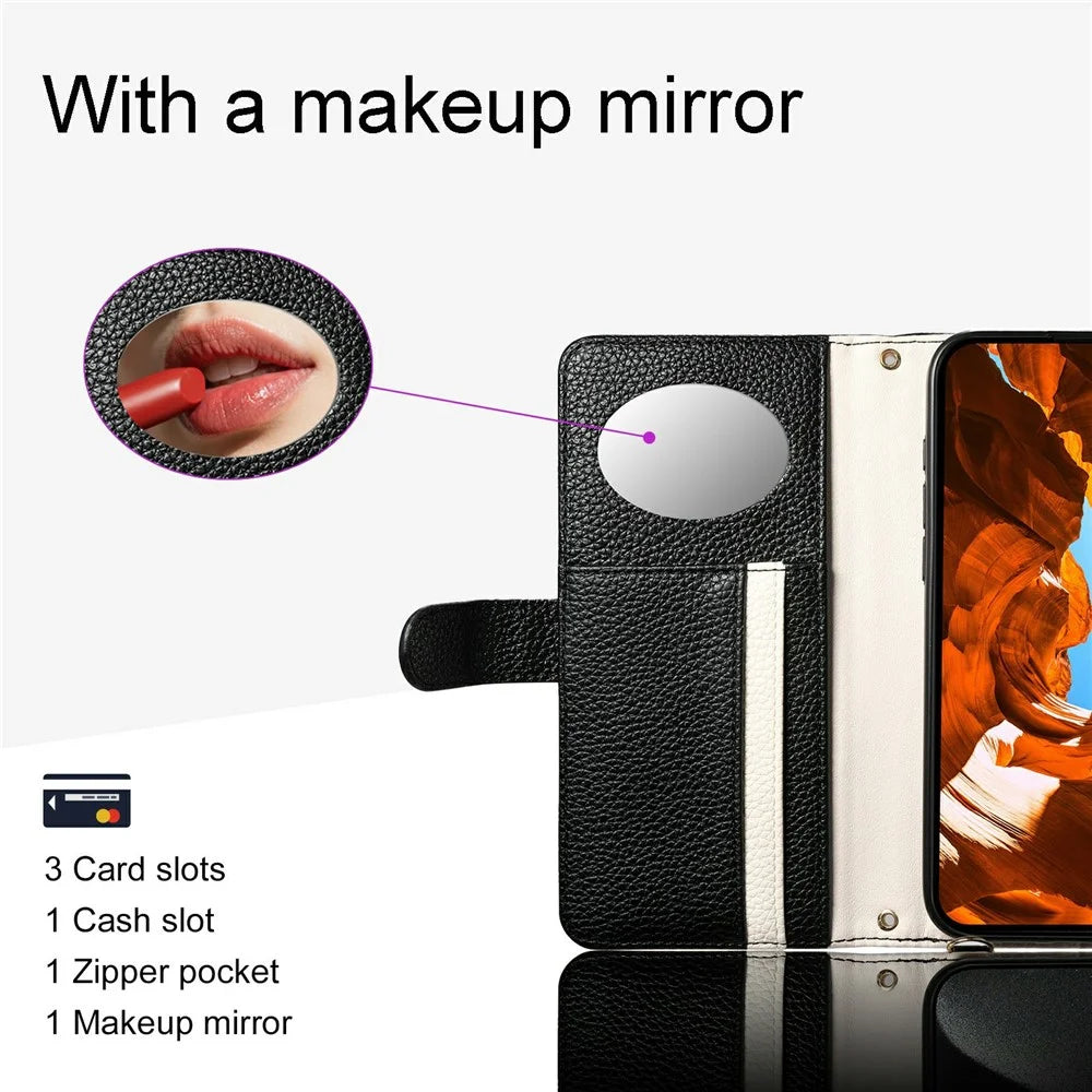 ESEBLE E11 For Samsung Galaxy S26 Ultra Case Zipper Pocket Litchi Texture Leather Phone Cover with Mirror and Wrist Strap - Black - 6