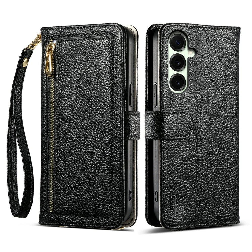 ESEBLE E11 For Samsung Galaxy S26+ Case Zipper Pocket Litchi Texture Leather Phone Cover with Mirror and Wrist Strap - Black - 1
