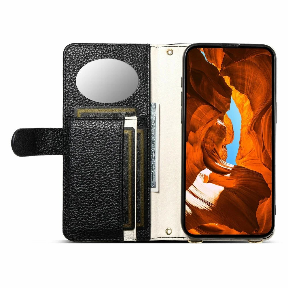 ESEBLE E11 For Samsung Galaxy S26+ Case Zipper Pocket Litchi Texture Leather Phone Cover with Mirror and Wrist Strap - Black - 3