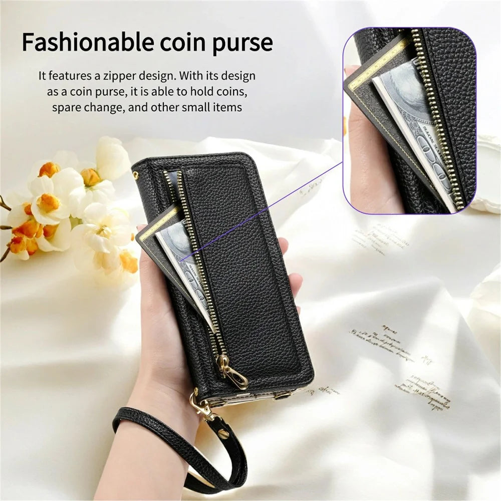 ESEBLE E11 For Samsung Galaxy S26+ Case Zipper Pocket Litchi Texture Leather Phone Cover with Mirror and Wrist Strap - Black - 5