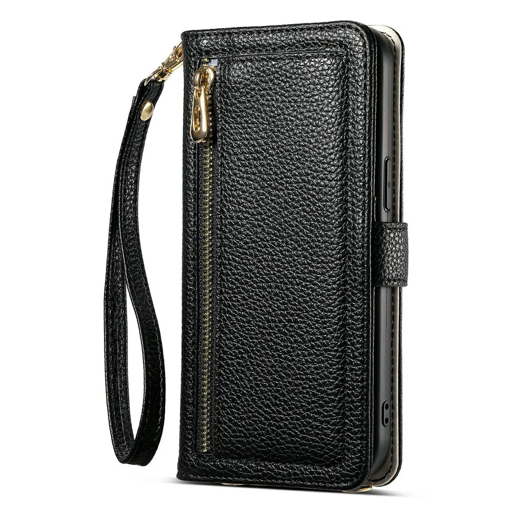 ESEBLE E11 For Samsung Galaxy S26+ Case Zipper Pocket Litchi Texture Leather Phone Cover with Mirror and Wrist Strap - Black - 7