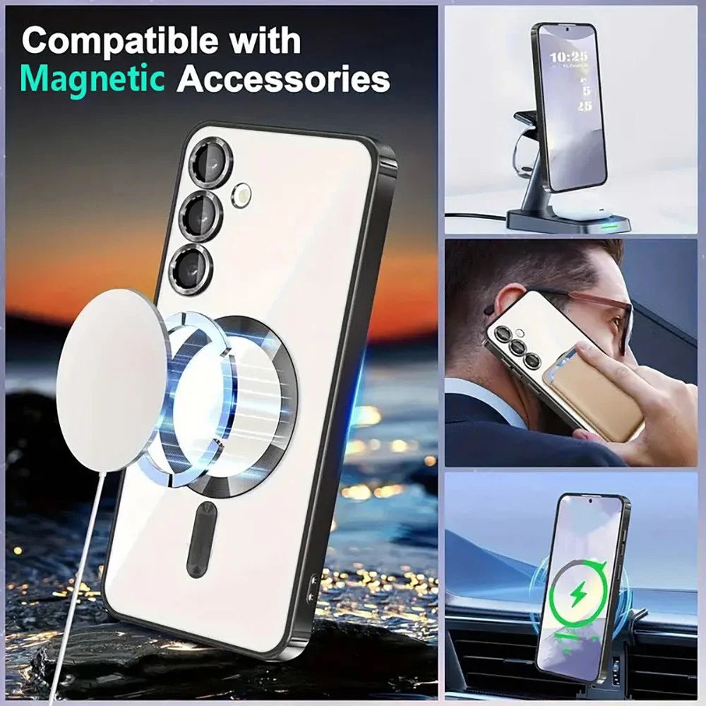 For Samsung Galaxy A26 5G Magnetic Case Clear Electroplated TPU Phone Cover with Camera Lens Film - Silver - 4
