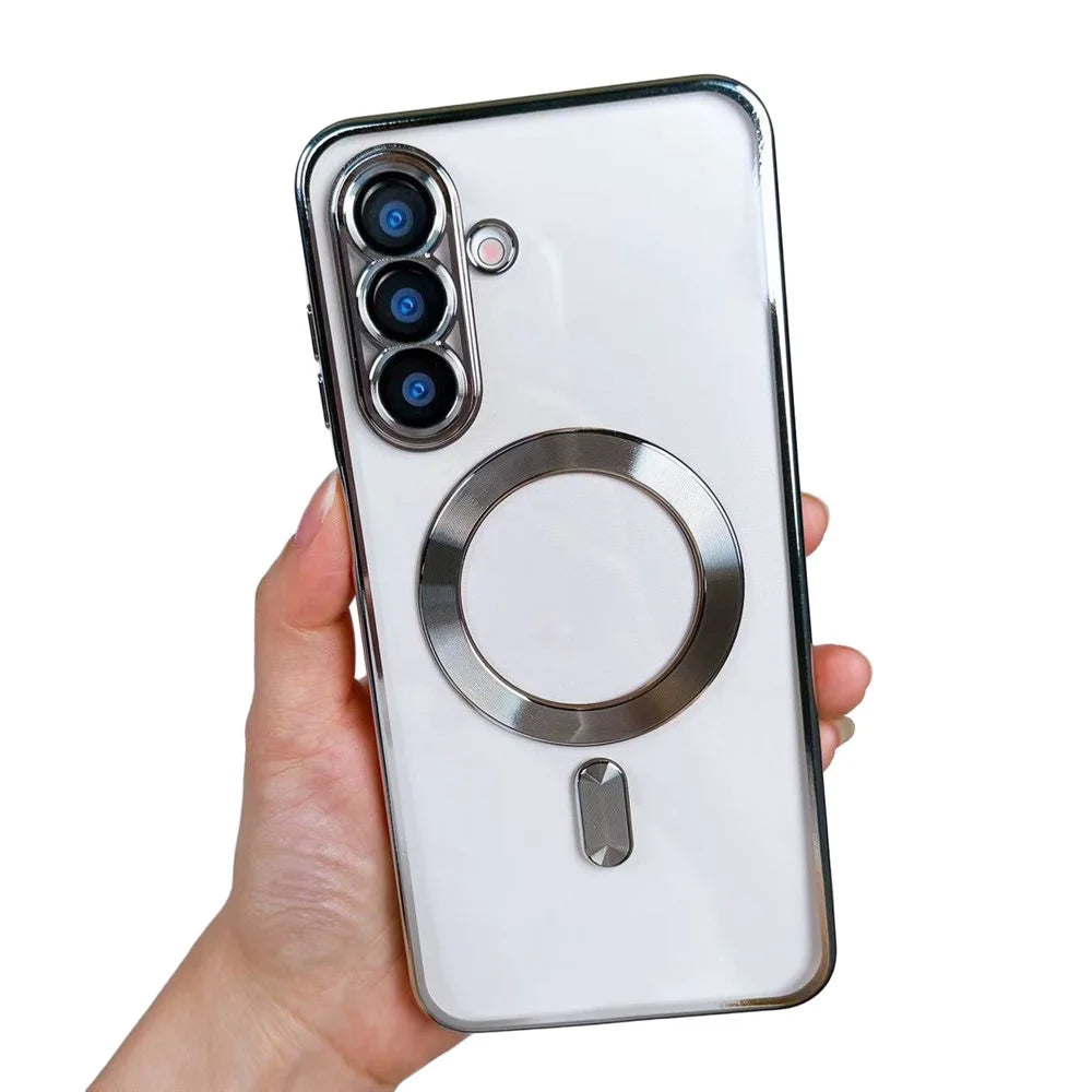 For Samsung Galaxy S26+ Magnetic Case Clear Electroplated TPU Phone Cover with Camera Lens Film - Silver - 1