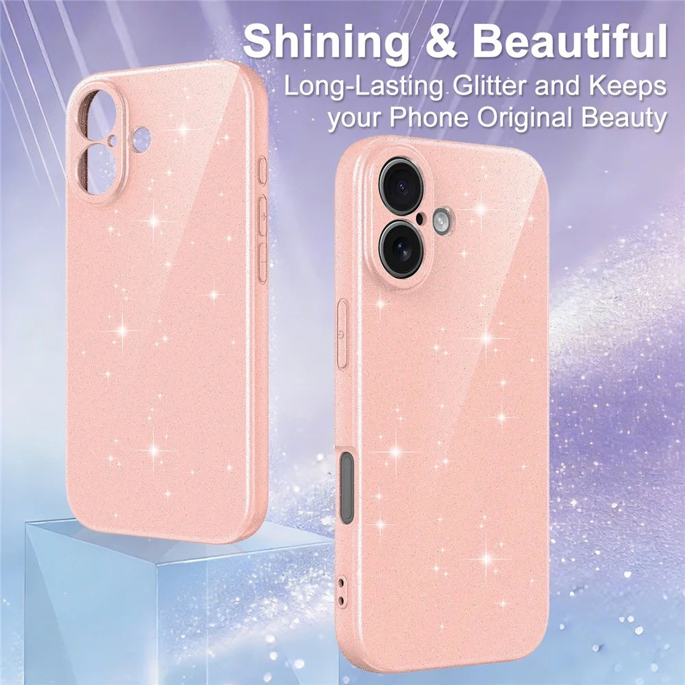 For iPhone 16 Magnetic Case Glitter TPU Shockproof Phone Cover with Lanyard Compatible with MagSafe - Pink - 2