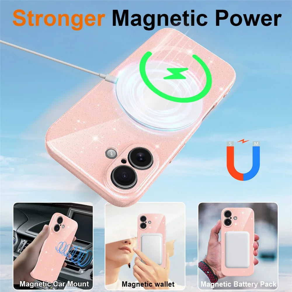 For iPhone 16 Magnetic Case Glitter TPU Shockproof Phone Cover with Lanyard Compatible with MagSafe - Pink - 3