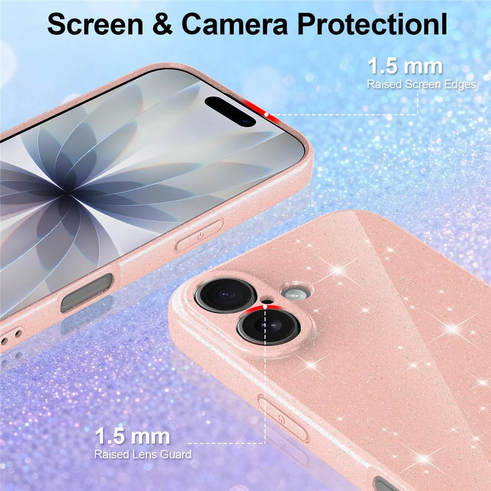 For iPhone 16 Magnetic Case Glitter TPU Shockproof Phone Cover with Lanyard Compatible with MagSafe - Pink - 4