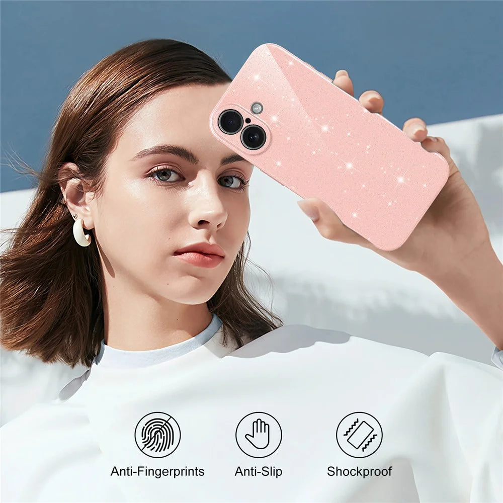 For iPhone 16 Magnetic Case Glitter TPU Shockproof Phone Cover with Lanyard Compatible with MagSafe - Pink - 7