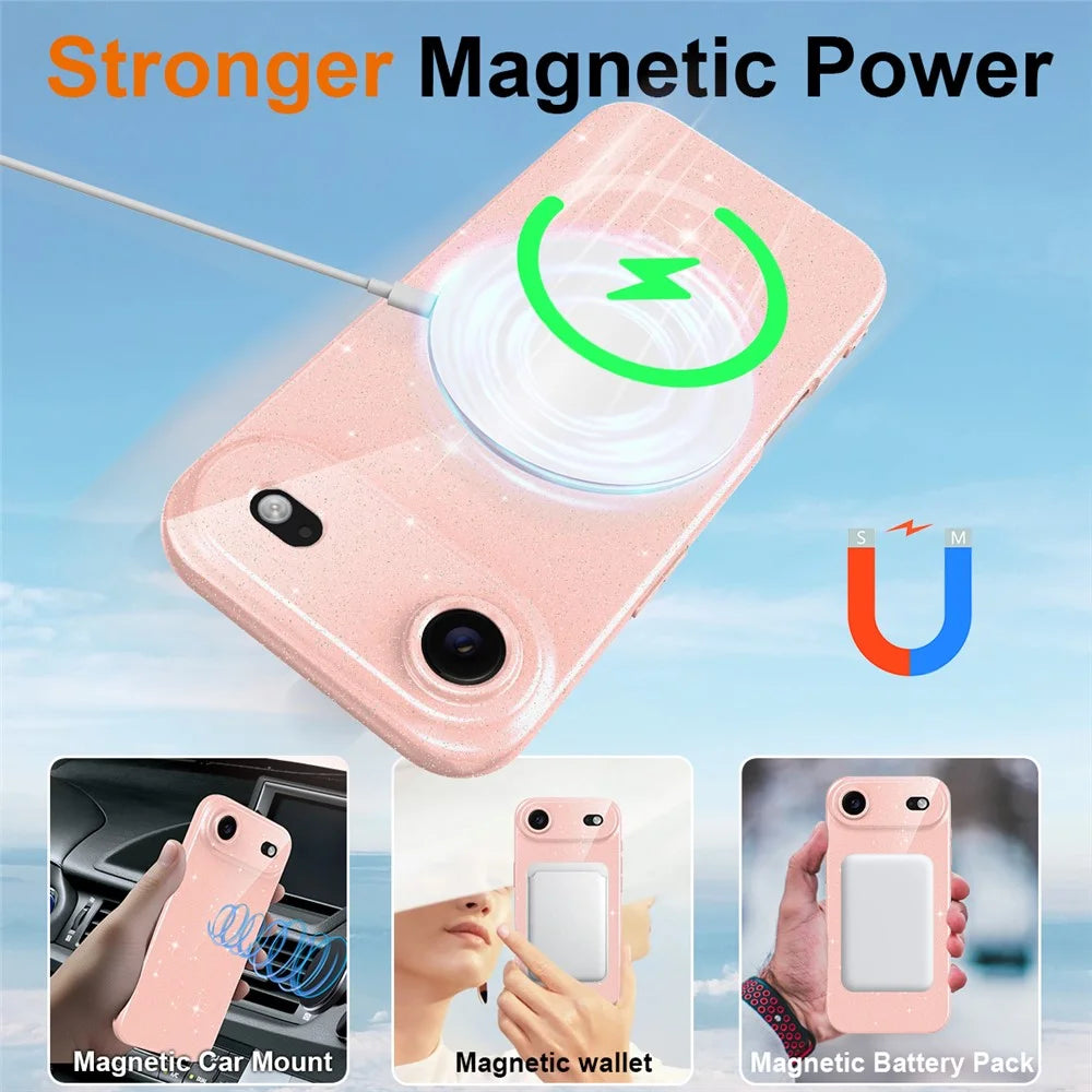 For iPhone Air Magnetic Case Glitter TPU Shockproof Phone Cover with Lanyard Compatible with MagSafe - Pink - 3
