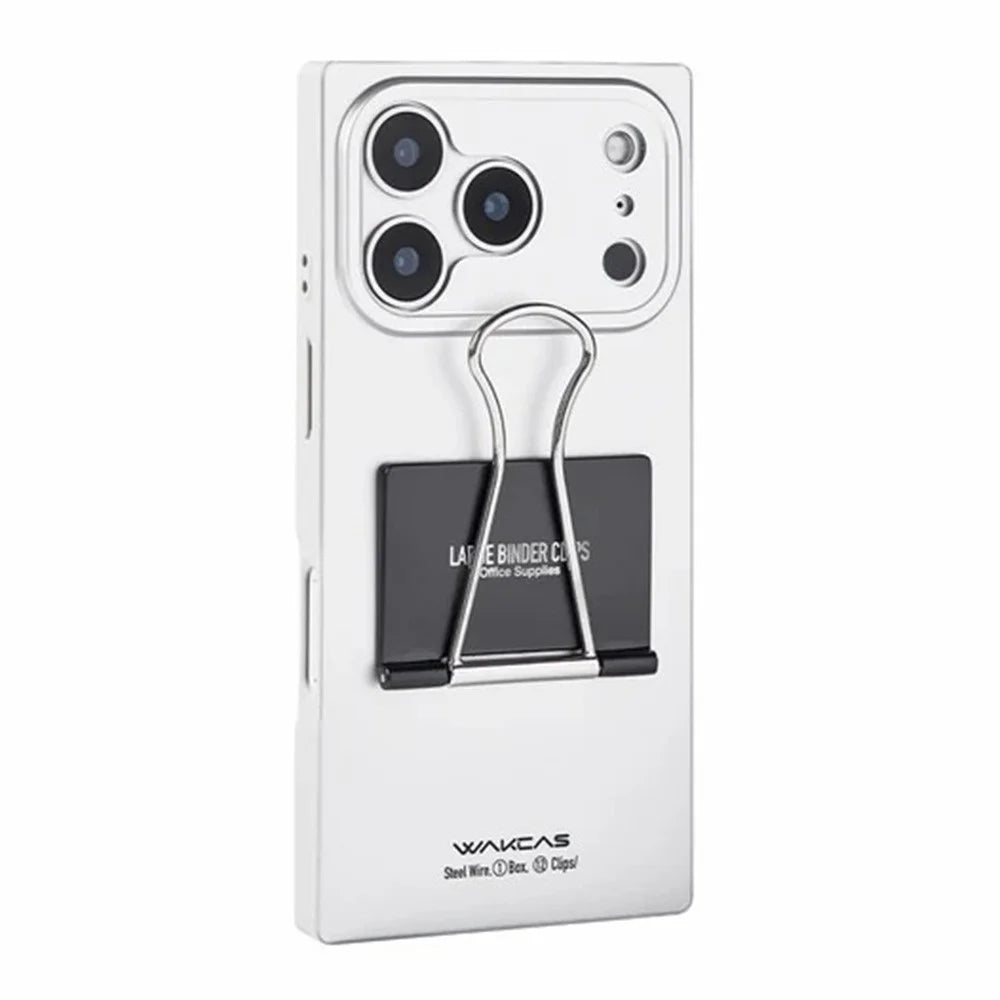 WAKCAS For iPhone 17 Pro Max Case Metal Binder Clip Kickstand Matte TPU Square Phone Cover - Silver - 1