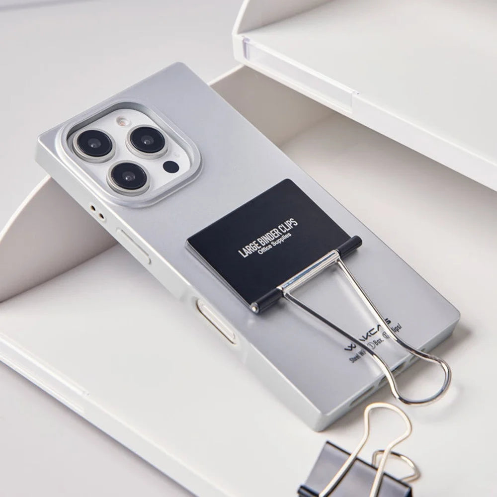 WAKCAS For iPhone 16 Pro Case Metal Binder Clip Kickstand Matte TPU Square Phone Cover - Silver - 2