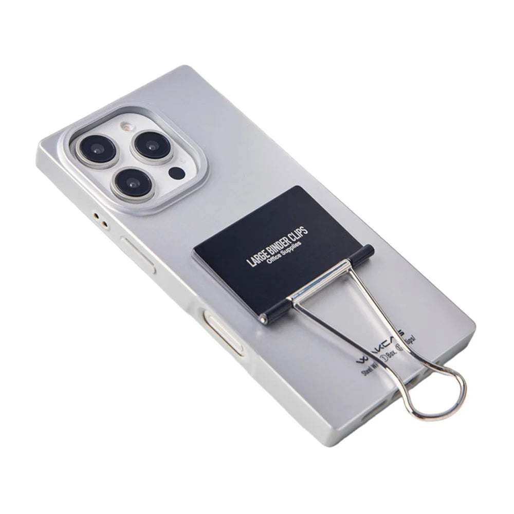 WAKCAS For iPhone 16 Pro Max Case Metal Binder Clip Kickstand Matte TPU Square Phone Cover - Silver - 1