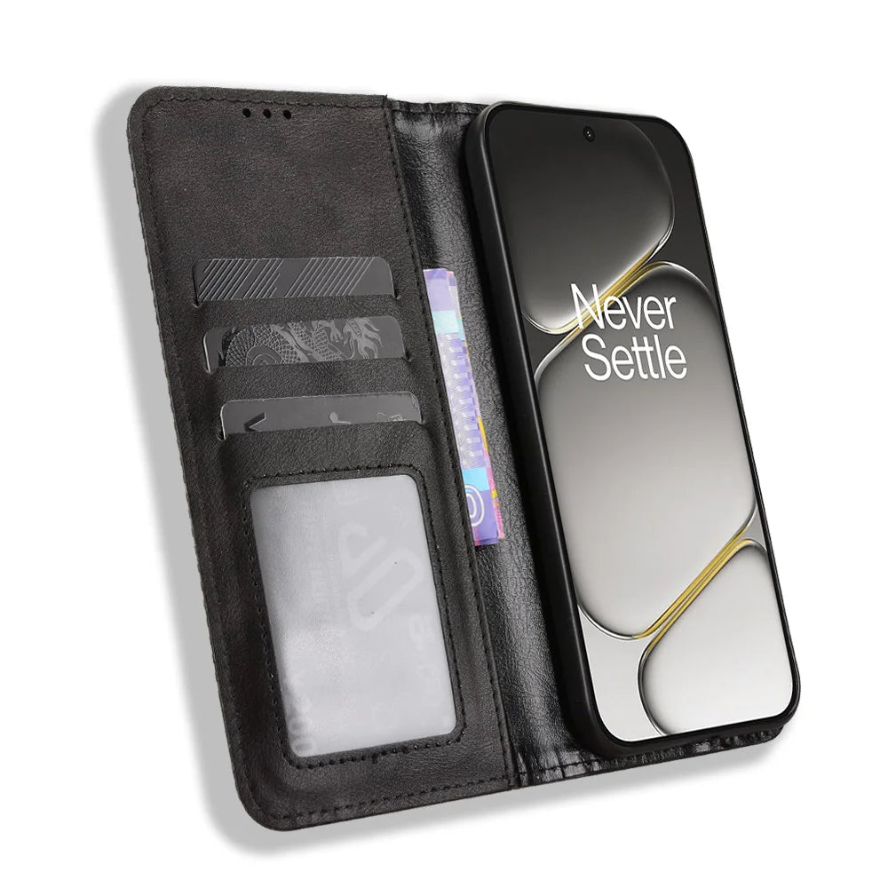 For OnePlus Nord CE6 5G / Turbo 6V 5G Leather Case Wallet Stand Retro Texture Phone Cover - Black - 6