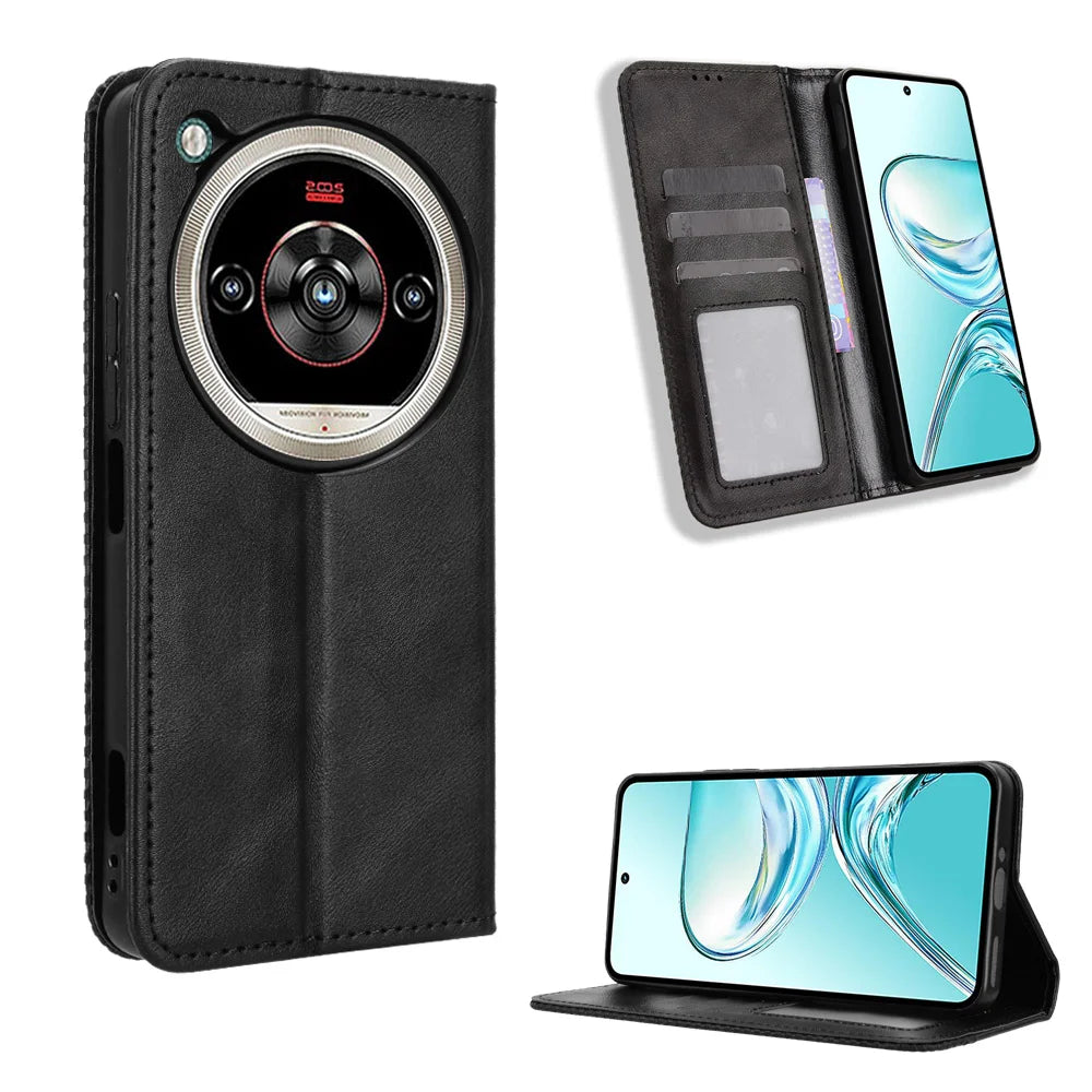 For ZTE nubia Focus 2 Ultra 5G Leather Case Wallet Stand Retro Texture Phone Cover - Black - 1