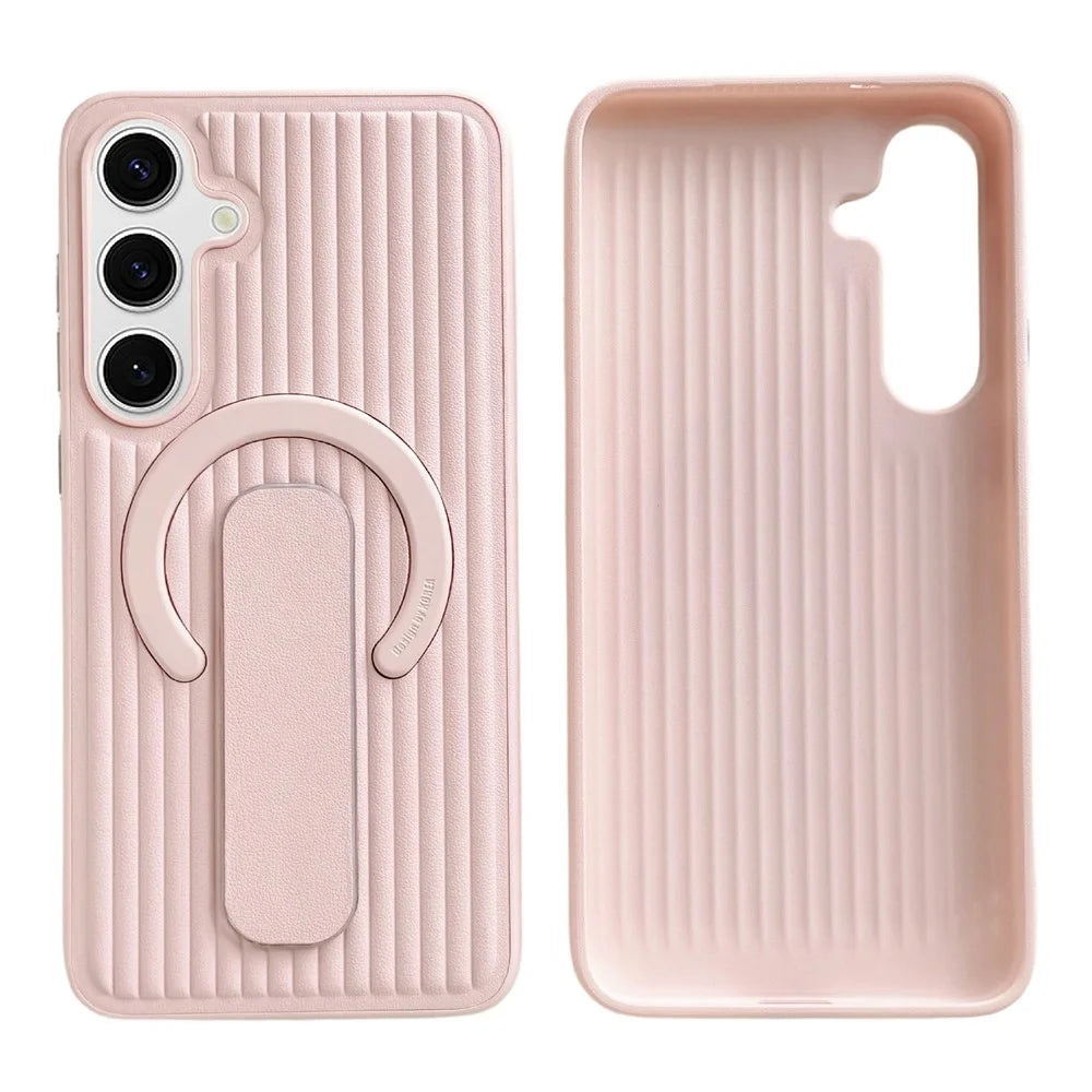 For Samsung Galaxy S26 Magnetic Case Sliding Foldable Kickstand Corrugated PU Leather + PC Phone Cover - Pink - 2