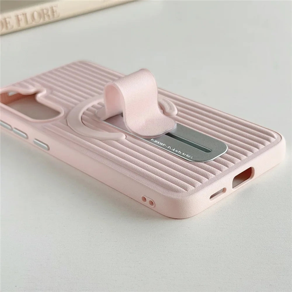 For Samsung Galaxy S26 Magnetic Case Sliding Foldable Kickstand Corrugated PU Leather + PC Phone Cover - Pink - 4