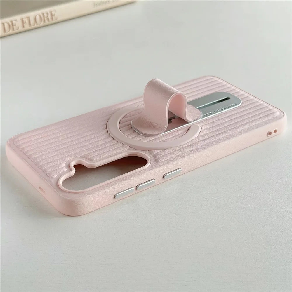 For Samsung Galaxy S26 Magnetic Case Sliding Foldable Kickstand Corrugated PU Leather + PC Phone Cover - Pink - 5