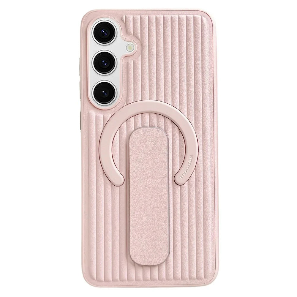 For Samsung Galaxy S25 Magnetic Case Sliding Foldable Kickstand Corrugated PU Leather + PC Phone Cover - Pink - 1