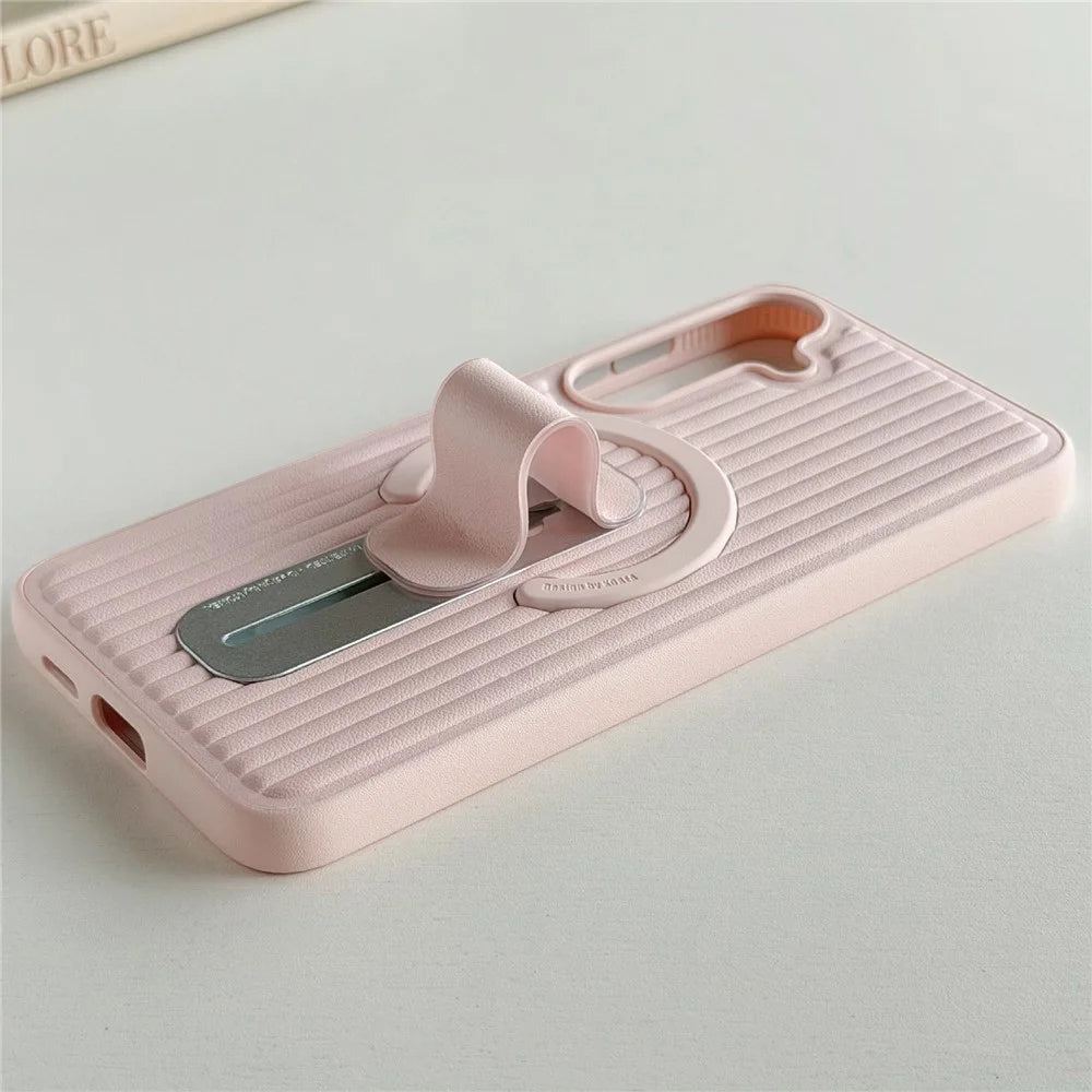 For Samsung Galaxy S25 Magnetic Case Sliding Foldable Kickstand Corrugated PU Leather + PC Phone Cover - Pink - 3