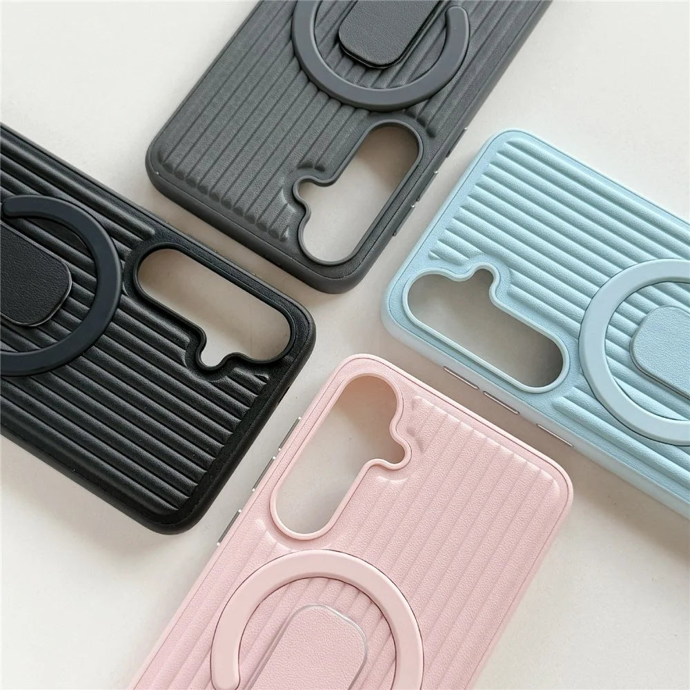 For Samsung Galaxy S25 Magnetic Case Sliding Foldable Kickstand Corrugated PU Leather + PC Phone Cover - Pink - 7