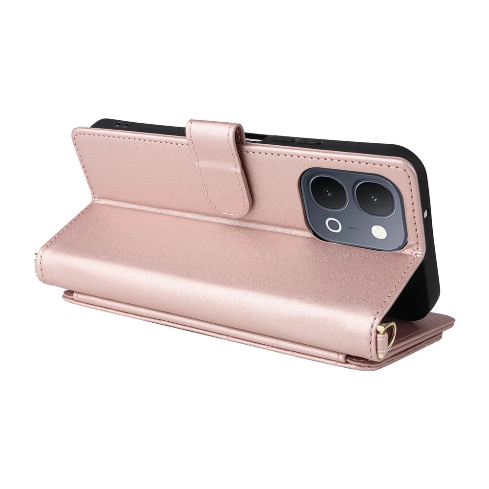For vivo Y31d 4G  /  Y500i 5G Leather Case Stand Wallet Phone Cover with Shoulder  /  Wrist Strap - Pink - 6