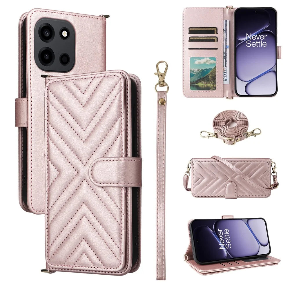 For OnePlus Nord CE6 5G / Nord 6 5G / Turbo 6V 5G / Turbo 6 5G Leather Case Stand Wallet Phone Cover with Shoulder  /  Wrist Strap - Pink - 1