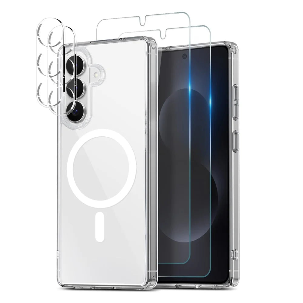 NORTHJO 5 in 1 Set for Samsung  Galaxy S26  /  S26 Pro Magnetic Case PC + TPU Phone Cover with 2 Front Screen Protector (Support Fingerprint Unlock) + 2 Lens Film - Transparent - 1