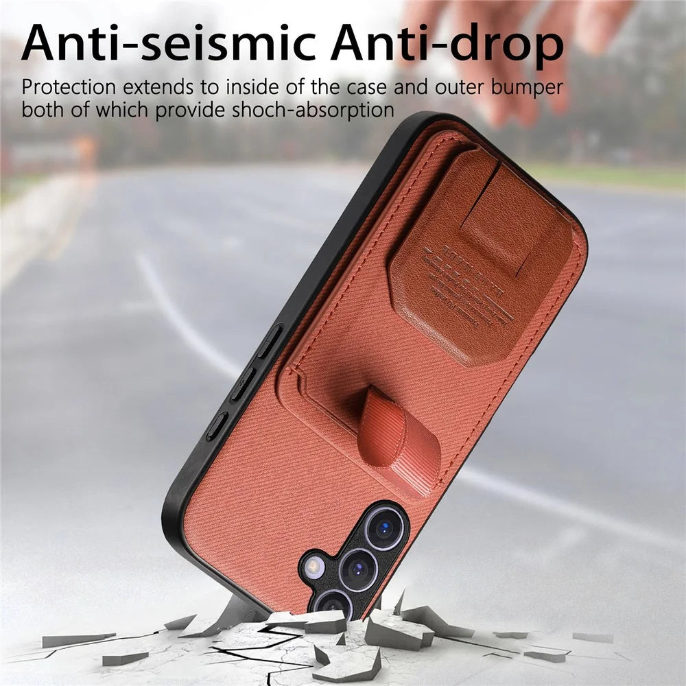 For Samsung Galaxy S26+ Case Cloth Texture TPU PU Leather PC Phone Back Cover with Card Holder Kickstand - Brown - 6