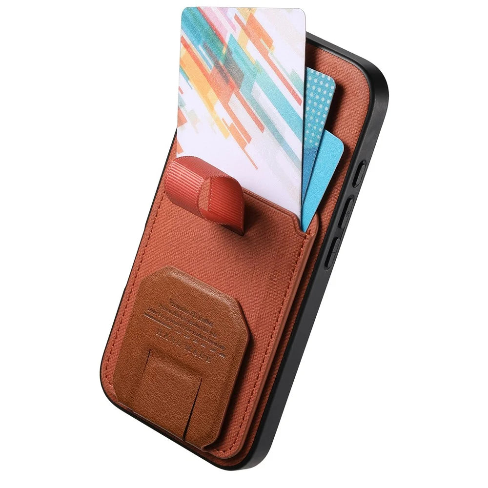 For Samsung Galaxy S25 Ultra Case Cloth Texture TPU PU Leather PC Phone Back Cover with Card Holder Kickstand - Brown - 3