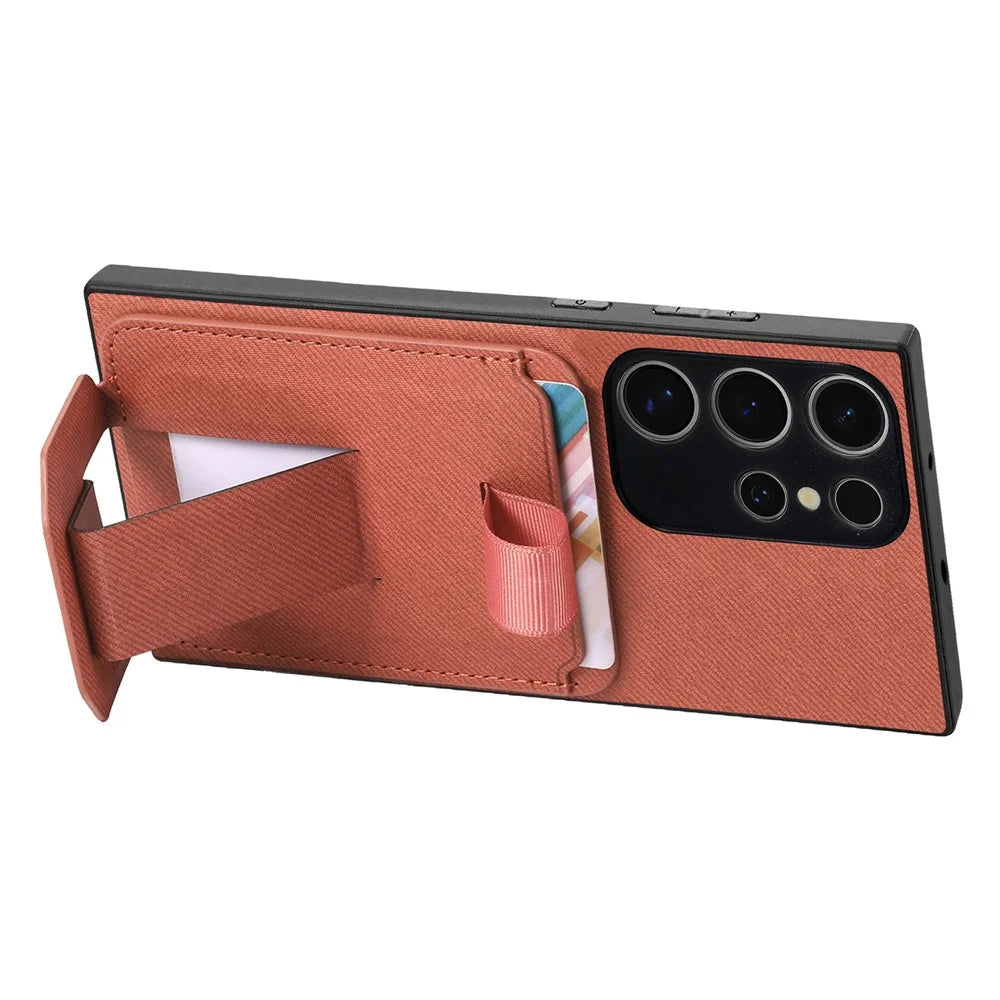 For Samsung Galaxy S25 Ultra Case Cloth Texture TPU PU Leather PC Phone Back Cover with Card Holder Kickstand - Brown - 4