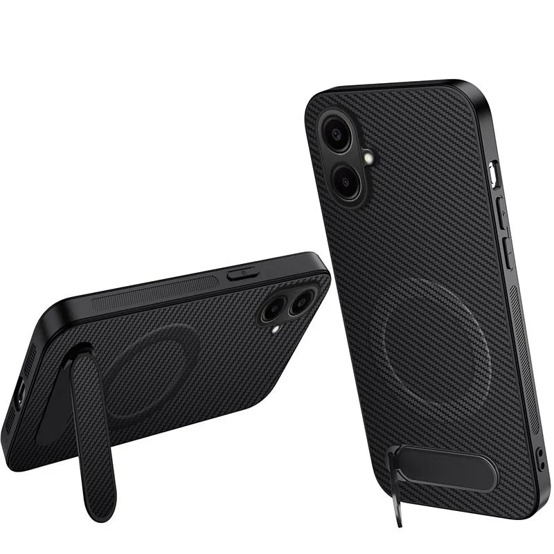 WANLONFENG For Samsung Galaxy A08 4G / A07 4G Magnetic Case  QT Series Kickstand Carbon Fiber Texture PC TPU Phone Cover - Black - 1