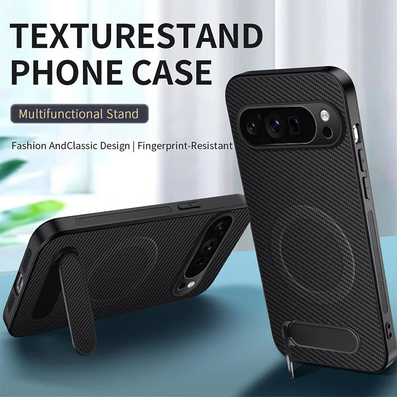 WANLONFENG For Google Pixel 9 Pro Magnetic Case  QT Series Kickstand Carbon Fiber Texture PC TPU Phone Cover - Black - 2