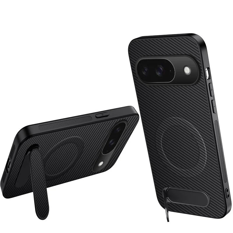 WANLONFENG For Google Pixel 9 Magnetic Case  QT Series Kickstand Carbon Fiber Texture PC TPU Phone Cover - Black - 1