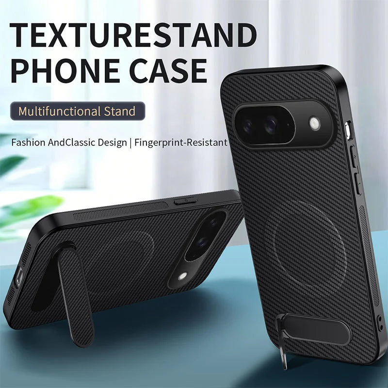 WANLONFENG For Google Pixel 9 Magnetic Case  QT Series Kickstand Carbon Fiber Texture PC TPU Phone Cover - Black - 2
