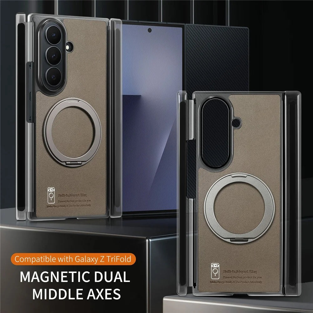 For Samsung Galaxy Z TriFold 5G Magnetic Phone Case with 360 Degree Rotating Ring Holder Dual-Axis Shockproof Protection - Dark Brown - 6