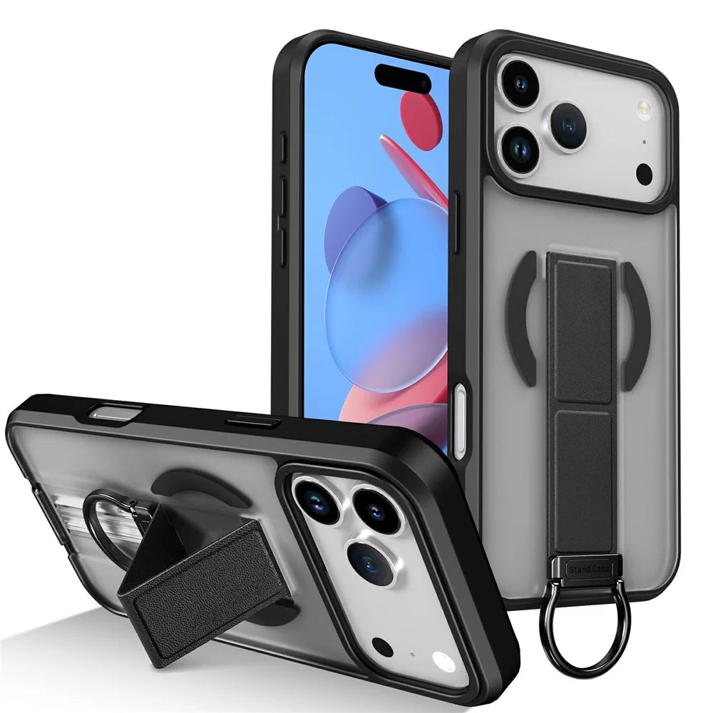 For iPhone 17 Pro Max Magnetic Case with Folding Kickstand  /  Ring Holder TPU + PC Phone Back Cover - Black - 1