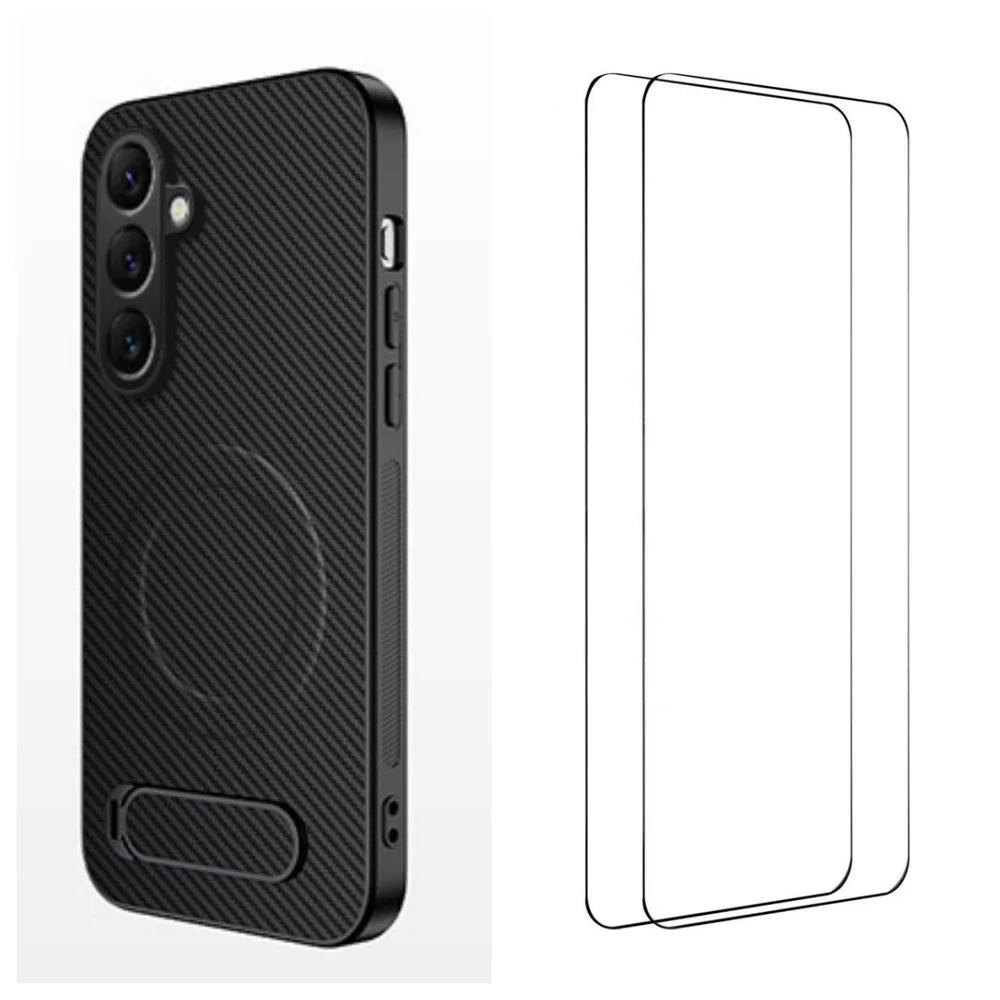 WANLONFENG For Samsung Galaxy A36 5G Magnetic Case with 2Pcs Tempered Glass Films  QT1 Series Kickstand Carbon Fiber Texture PC TPU Phone Cover - Black - 1