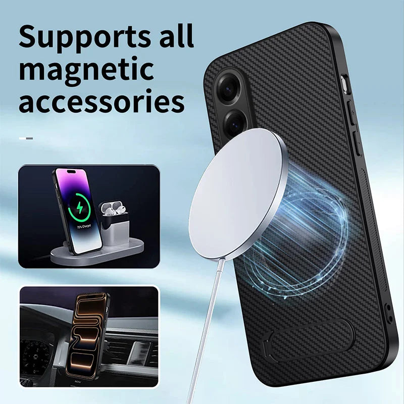 WANLONFENG For Samsung Galaxy S25 Edge Magnetic Case with 2Pcs Tempered Glass Films  QT1 Series Kickstand Carbon Fiber Texture PC TPU Phone Cover - Black - 3