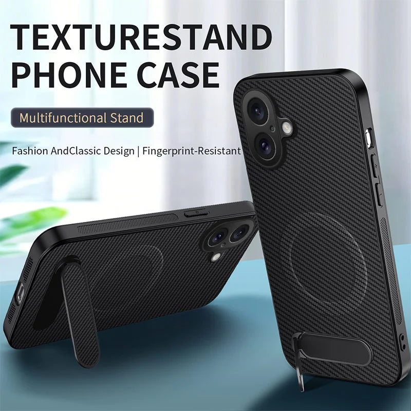 WANLONFENG For iPhone 16 Magnetic Case with 2Pcs Tempered Glass Films  QT1 Series Kickstand Carbon Fiber Texture PC TPU Phone Cover - Black - 2