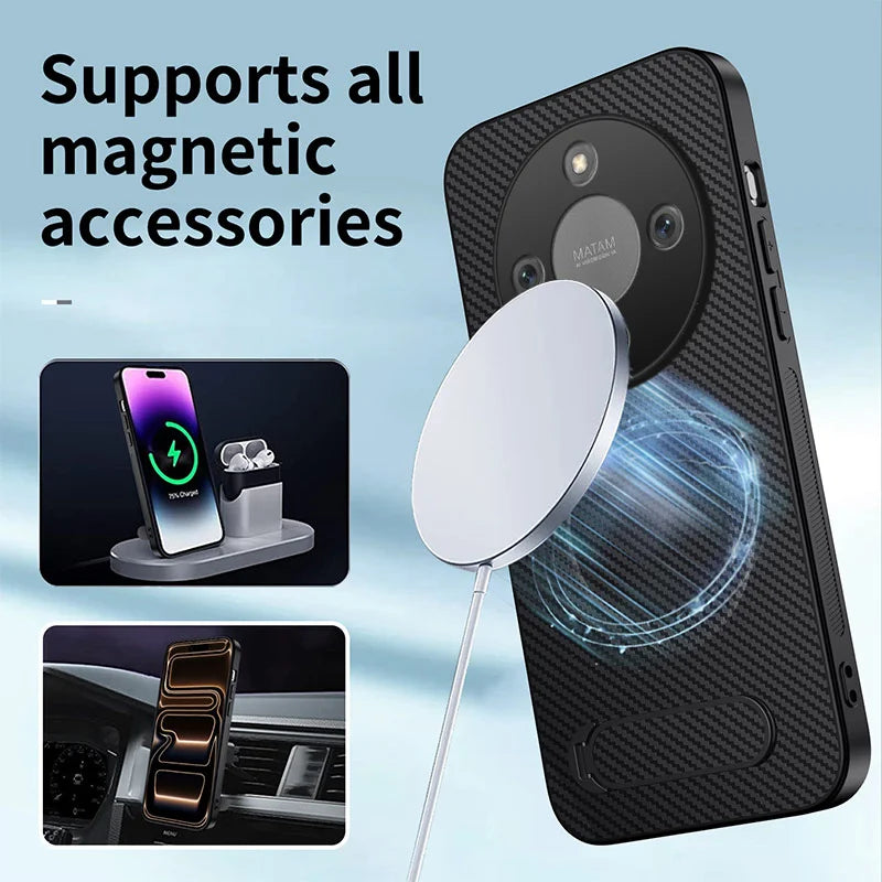 WANLONFENG For Honor X70 5G / Honor X9d 5G / Honor Magic8 Lite 5G Magnetic Case with 2Pcs Tempered Glass Films  QT1 Series Kickstand Carbon Fiber Texture PC TPU Phone Cover - Black - 3