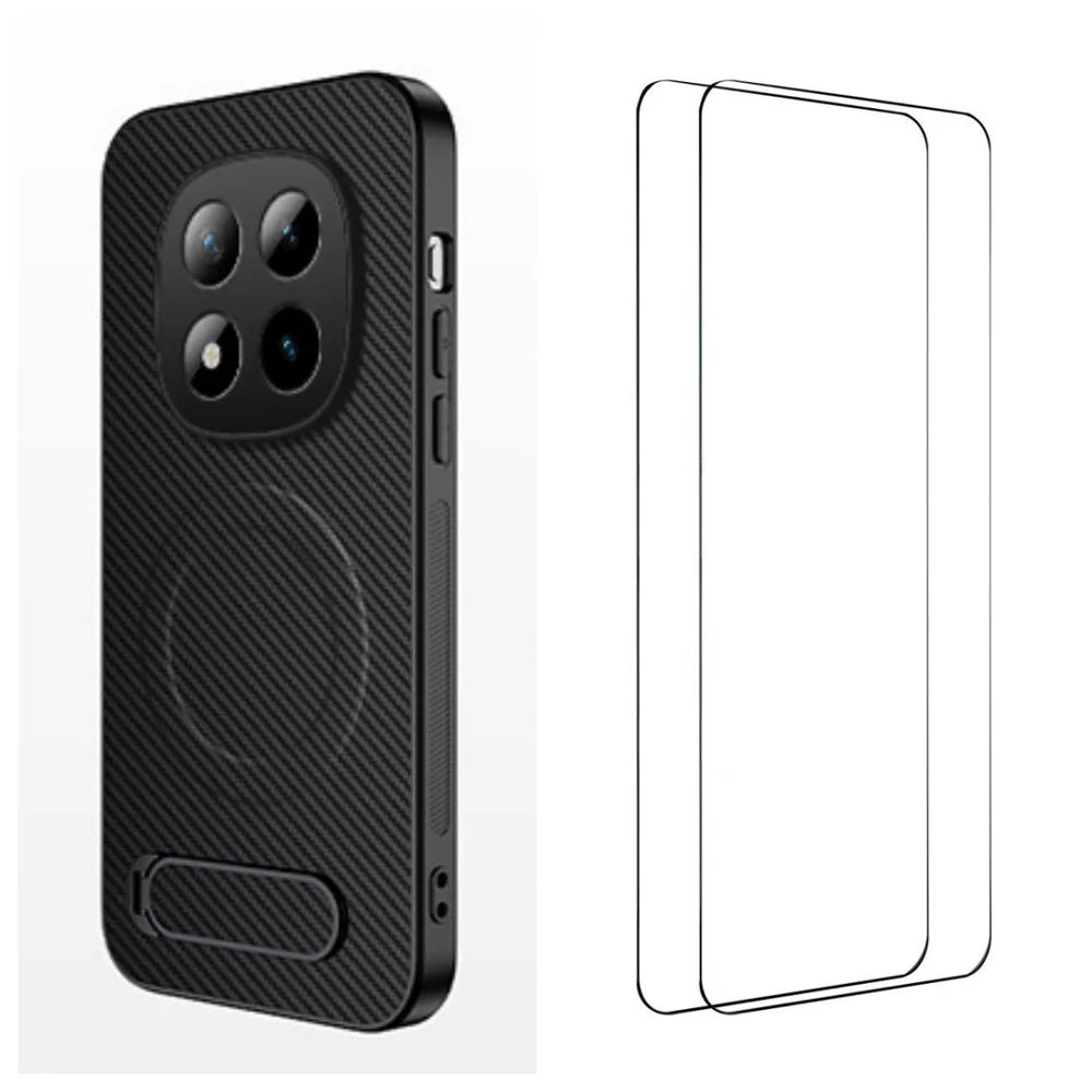 WANLONFENG For Xiaomi Redmi Note 15 Pro 4G (Global) Magnetic Case with 2Pcs Tempered Glass Films  QT1 Series Kickstand Carbon Fiber Texture PC TPU Phone Cover - Black - 1