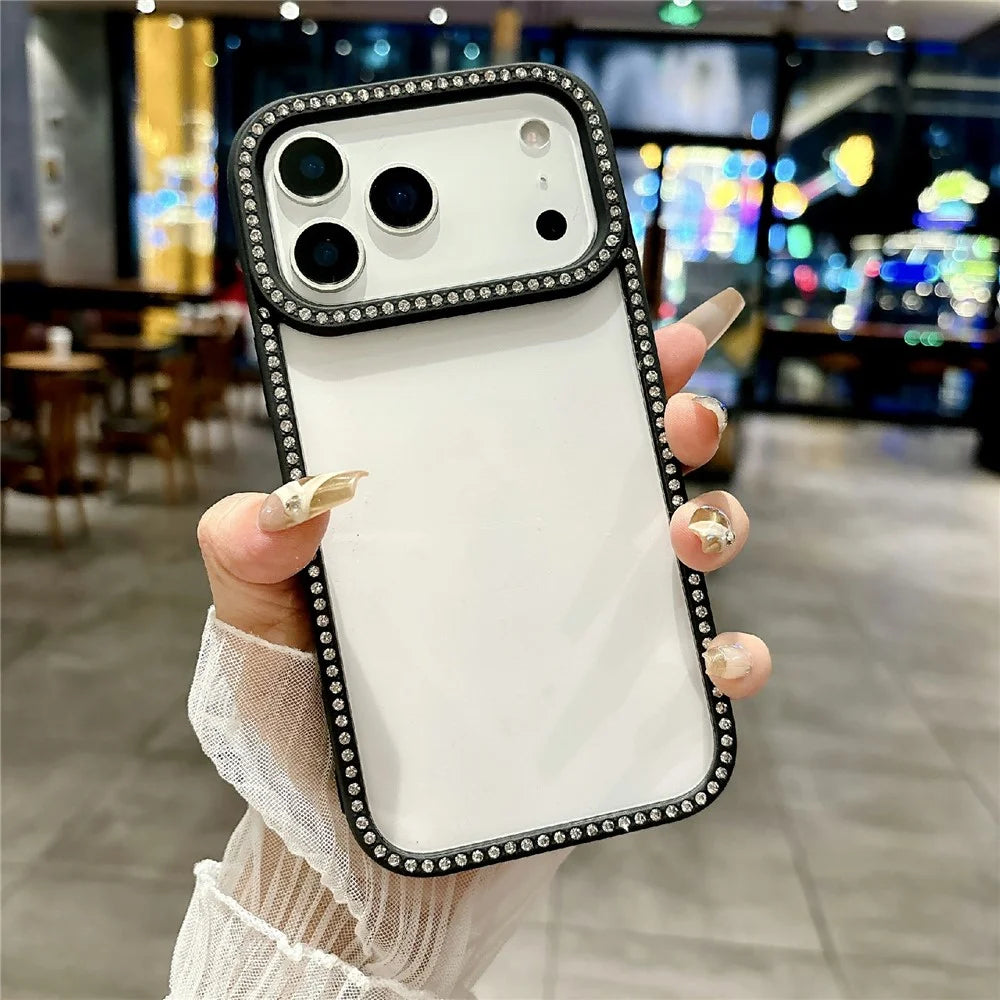 For iPhone 17 Pro Max Clear Phone Case Luxury Crystal Rhinestone Edge Decor PC TPU Protective Cover - Black - 1